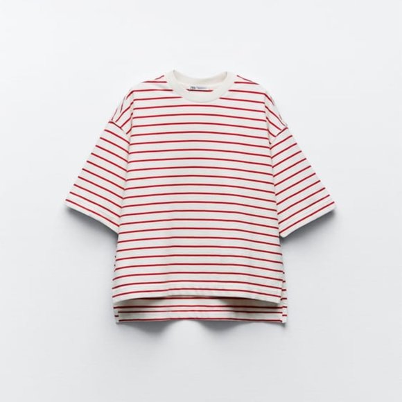 Zara Red Striped Short-Sleeve Sweatshirt - Picture 1 of 5